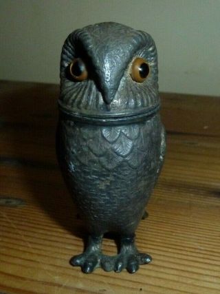 Antique Victorian 19thc Pewter Owl Amber Glass Eyes Pounce / Sander Pot C1870 