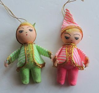 Vintage Flocked Felt Pixie Sprite Elf Child in Pajamas Ornament Set of 2 RARE 2