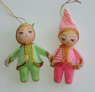 Vintage Flocked Felt Pixie Sprite Elf Child in Pajamas Ornament Set of 2 RARE 3