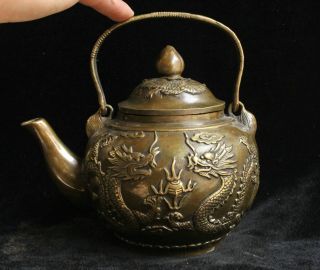 Chinese Folk Bronze Lucky Auspicious Dragon Phoenix Wine Tea Pot Flagon Marked