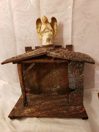 Antique Germany Paper Mache Nativity Angel Figurine With Putz Creche Manger