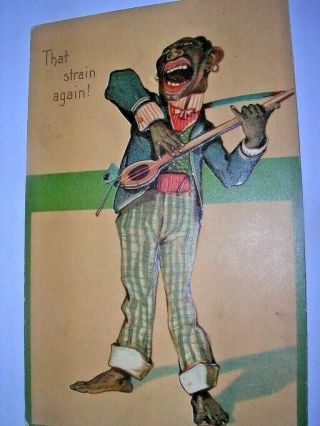 That Strain Again Antique Black Americana Embossed Postcard No 7179 Banjo