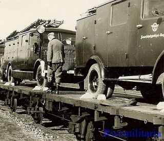 Rare German Feuer - Polizei (fire Police) Firemen W/ Fire Trucks On Railway