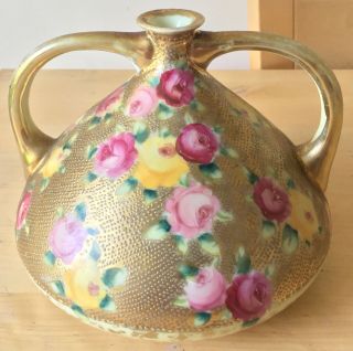 Early Antique Komaru Noritake Pink & Yellow Roses 2 Handled Squat Vase