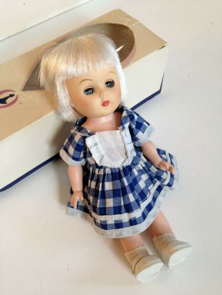 Vintage Vogue Ginny Doll 8 " In Her Tagged Blue & White Check Dress & Box