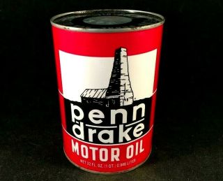 Vintage Penn Drake Motor Oil Quart Can Rare Old Advertising Tin Metal 1950s