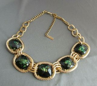 Vintage Mika Gold Tone Chunky Black Emerald Cut Green Orange Speckle Necklace