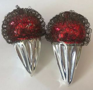 Antique Wire Wrapped Red/silver Mercury Glass Christmas Ornament Cones