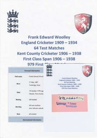 Frank Woolley England Test Cricketer 1909 - 1934 Rare Autograph Cutting