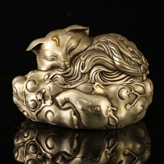 Old Copper - Plating Silver Hand - Made Gold Drawing Fox Statue Incense Burner F02e