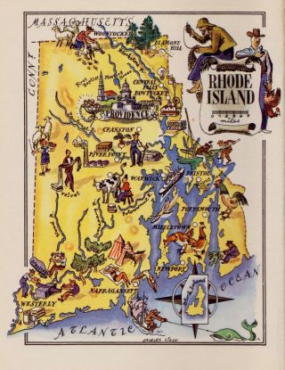 1950s Antique Rhode Island State Map Vintage Picture Map Of Rhode Island 6854