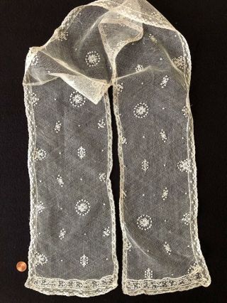 19th C.  Handmade Point Ground Bobbin Lace Scarf Tie Machine Val Edging Costume