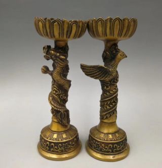 Exquisite China Old Pure Brass Dragon And Phoenix Candlestick A Pair Statues Rt