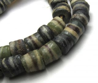10 " Strand Of 33 Rare Well Worn Mixed Striped Ghana Sand Cast Glass Beads