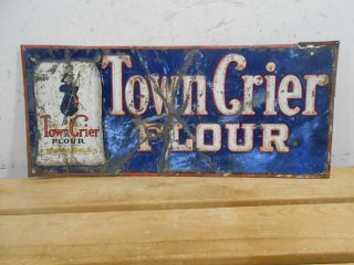 Rare Town Crier Flour 19 " X 8 " Early Graphics Kansas City Tin Sign
