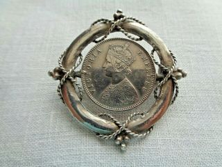 Large Antique Victorian Indian Raj Silver Swivel Rupee Coin Brooch