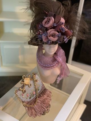 Vintage Miniature Dollhouse Artisan Victorian Hat Silk Tapestry Purse