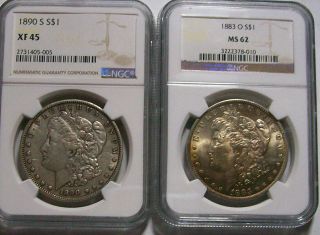 Two (2) Morgan Silver Dollars $1 Ngc Certified 1883 - O Ms - 62 & Rare 1890 - S Xf - 45