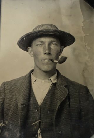 Antique American Young Man Smoking A Pipe Tintype Photo