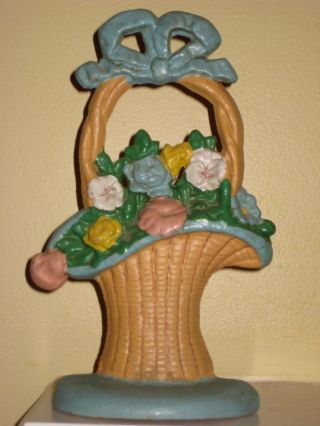 Antique Cast Iron Doorstop Handled Basket Of Flowers Hubley? 69