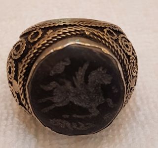 Huge Antique Silver Ring With Pegasus Intagilo Agate Stone