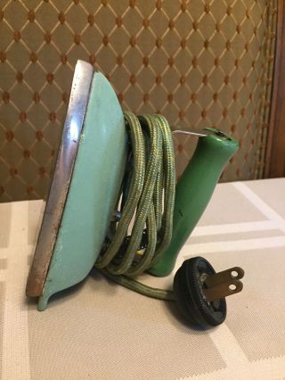 Antique Vintage Clothes Iron Green Wood Handle Electric With Cord Chrome