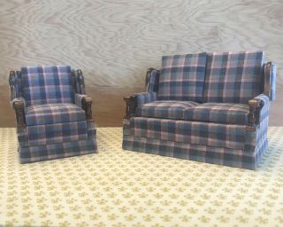 Vintage Dollhouse Furniture Couch And Chair Plaid Pattern