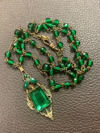 Antique Art Deco Brass Filigree Emerald Green Czech Glass Stone Necklace