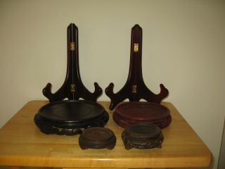 2 Plates,  4 Vase Carved Lacquer Wood Stand For Porcelain Or Cloisonne Art Vase.