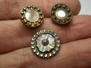 3 Mop Shell Pearl Mounted In Brass Antique Button 5/8 " 9/16 " Rs