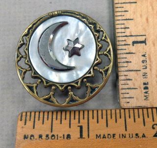Antique Button,  1800s Brass Open - Work W/ Pearl,  Moon & Star Cut - Steel Trim,  Lg