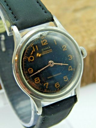 Vintage 1940s Cyma Tavannes Black Dial Watersport Wrist Watch Wwii - Korea Era
