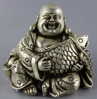 Collectable China Tibet Silver Hand - Carved Buddha Embrace Fish Auspicious Statue