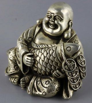 Collectable China Tibet Silver Hand - Carved Buddha Embrace Fish Auspicious Statue 2