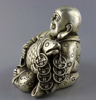 Collectable China Tibet Silver Hand - Carved Buddha Embrace Fish Auspicious Statue 3