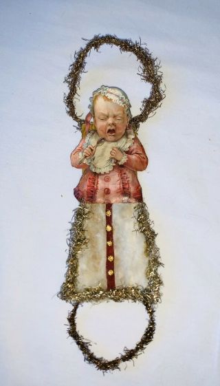 Antique German Cotton Scrap Die Cut Crying Baby Girl Dresden Christmas Ornament