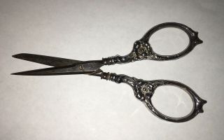 Antique Ornate Sterling Silver Handle 5 1/4” Sewing Scissors Germany