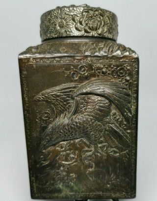 An Antique Metal Oriental Tea Caddy Silver Plated? Pewter?