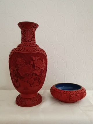 Vintage Chinese Cinnabar Lacquer Brass Base Vase And Small Bowl With Label