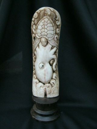 Unusual Hand Carved Scrimshaw Statue Of Octopus Hunting Prey On Wood Base