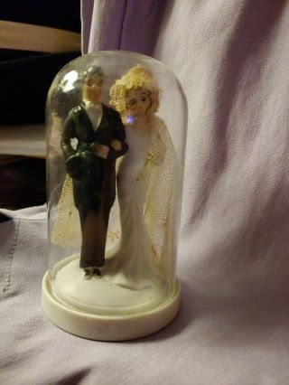 Vintage 4 " Mini Wedding Cake Topper W Removable Glass Dome (top Hat Tails/lace)