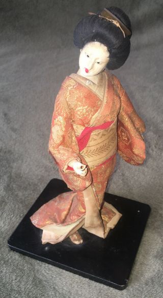 Antique Japanese Geisha Doll With Elaborate Orange Kimono.