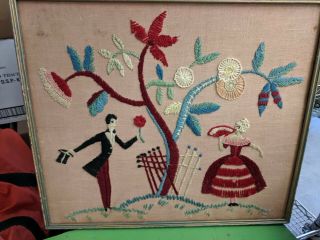 Antique 1910s Handmade Victorian Man & Woman Framed Crewel Embroidery 3