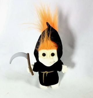 Vintage Russ Troll Doll 5 " Halloween Grim Reaper Orange Hair With Sickle/scythe