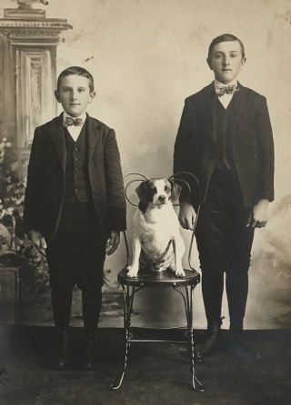 1890’s Antique Cabinet Card Photo Two Brothers With Pet Dog