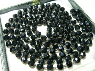 Antique Victorian French Jet Faceted Black Mourning Bead Long Length Necklace