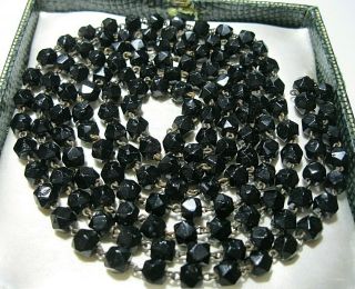 Antique Victorian French Jet Faceted Black Mourning Bead Long Length Necklace 3