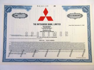 Japan.  Mitsubishi Bank,  Ltd. ,  1988 Rare $50 Million Dollar Specimen Bond Xf Abnc