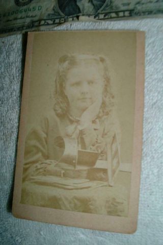 Vintage Photo Cabinet Card Young Girl With A Antique Stereo Viewer