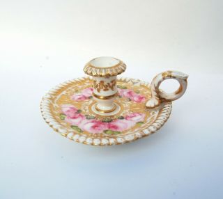 C1830 Antique Miniature English Porcelain Chamber Stick Candle Stick Pink Roses
